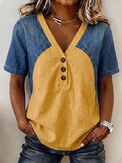 Women's Loose Denim Patchwork Color-Block T-Shirt FitiqueFit