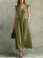 V-Neck Puff-Sleeve Dress with Pockets – Cotton Linen, 7 Colors FitiqueFit