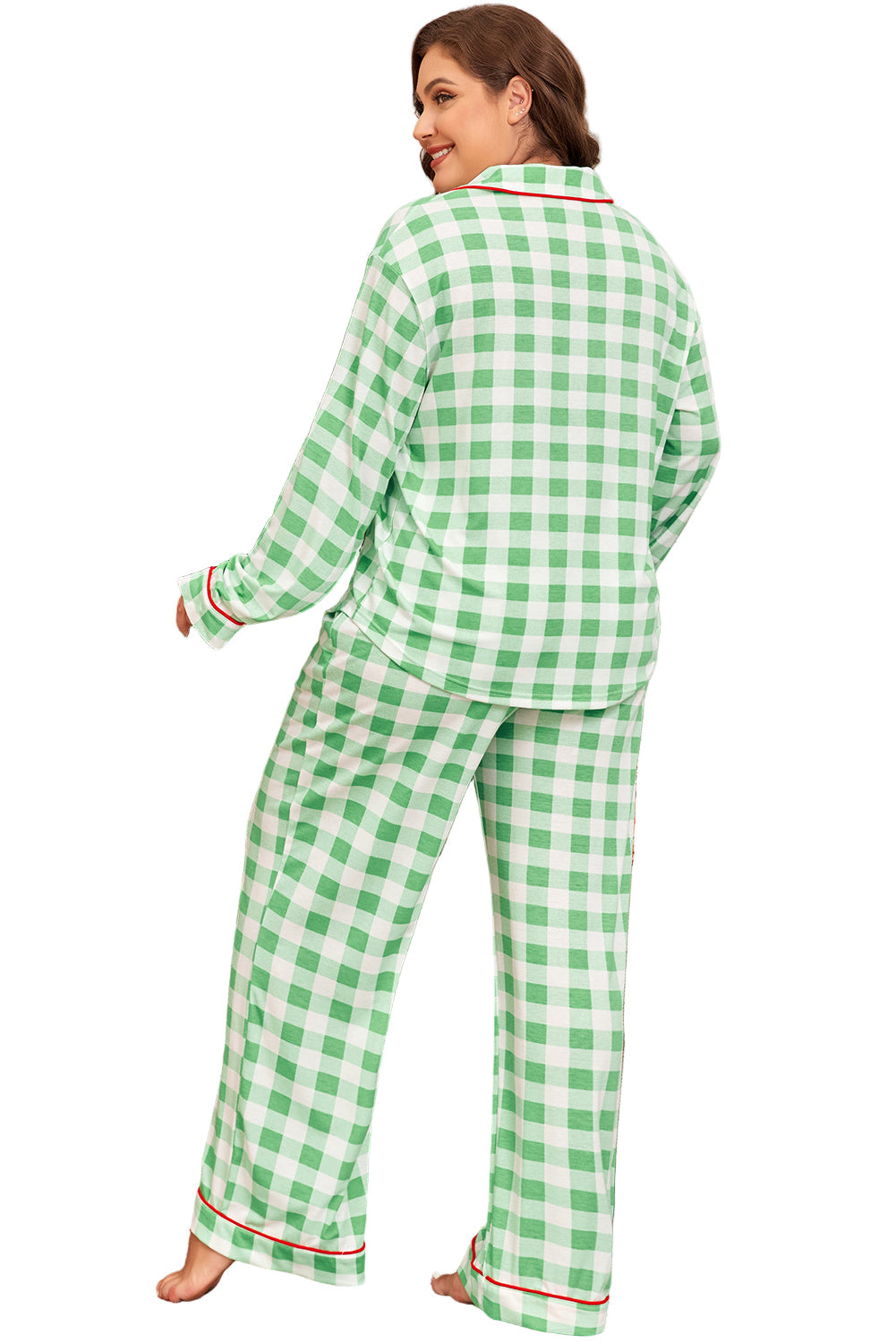 Green Plaid Print Contrast Trim Long Sleeve Plus Size Pajama Set Garden Naked Curves