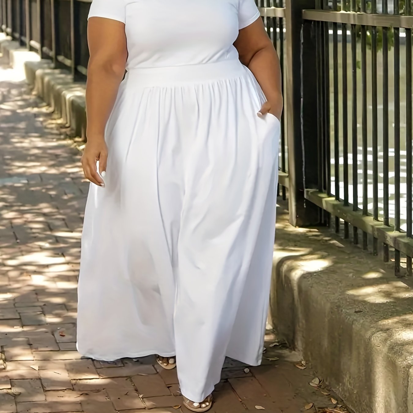Plus Size Solid Short Sleeve Maxi Dress, Women's Plus Medium Stretch Elegant Long Dress NovaCart