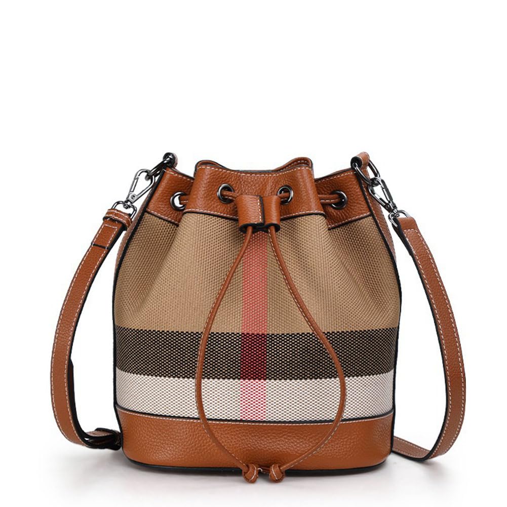 Genuine Leather Bucket Bag Plaid Bag Yankee Womens Bag Cowhide Shoulder Crossbody Bag Commuter Female Large Capacity Bag Casual Tote Bag New Era Fashion LLc