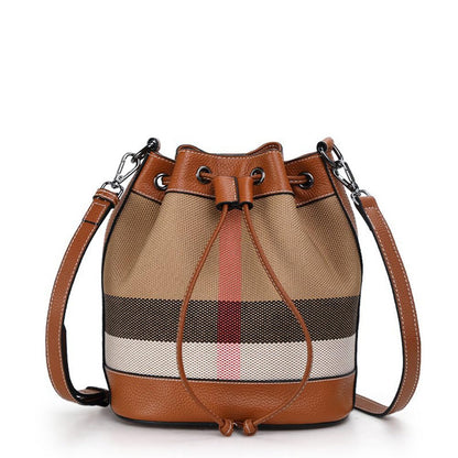 Genuine Leather Bucket Bag Plaid Bag Yankee Womens Bag Cowhide Shoulder Crossbody Bag Commuter Female Large Capacity Bag Casual Tote Bag New Era Fashion LLc