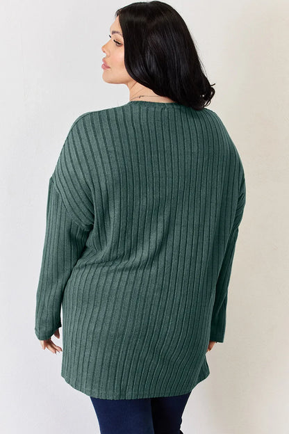 Basic Bae Full Size Ribbed Half Button Long Sleeve High-Low T-Shirt New Era Fashion LLc
