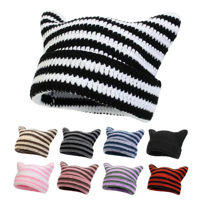 Women’s Hand Knitted Striped Cat Hat – Cute Warm Winter Beanie FitiqueFit