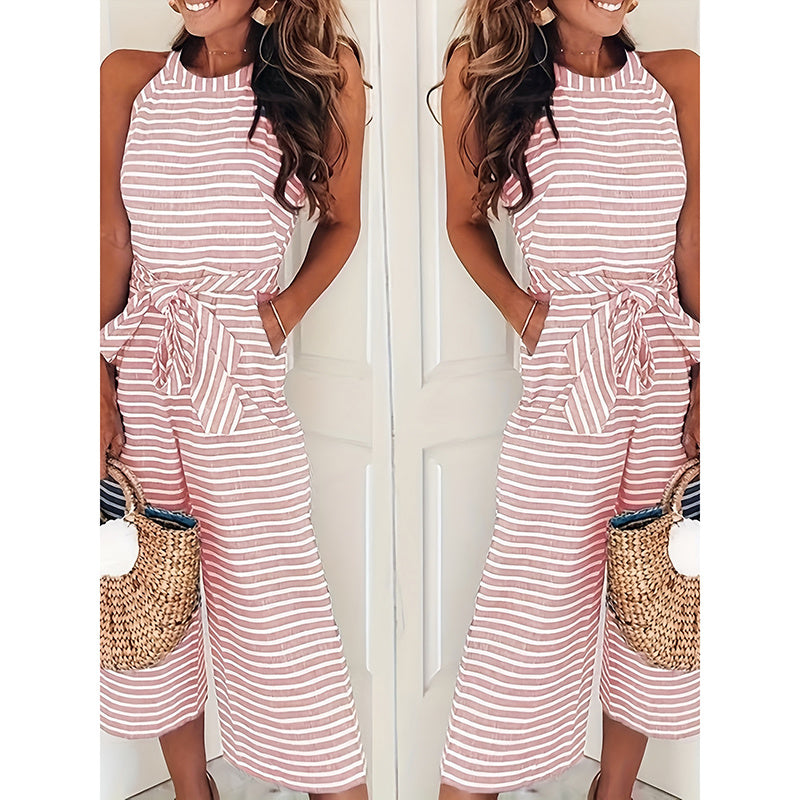 Casual Striped Jumpsuits Summer Cap Sleeve Wide Leg Jumper FitiqueFit