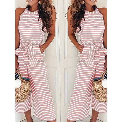 Casual Striped Jumpsuits Summer Cap Sleeve Wide Leg Jumper FitiqueFit