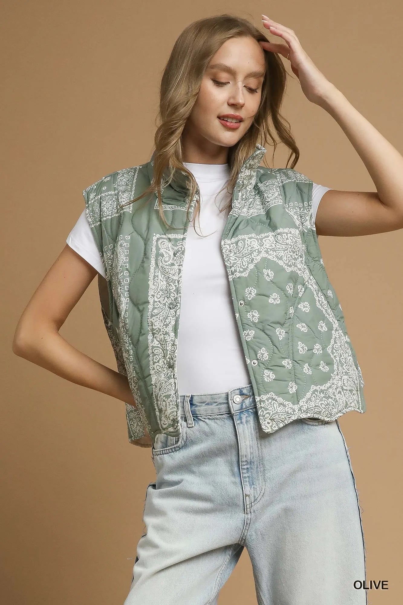 Umgee Bandana Print Quilted Puffer Vest West2East Surf