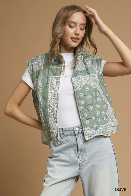 Umgee Bandana Print Quilted Puffer Vest West2East Surf