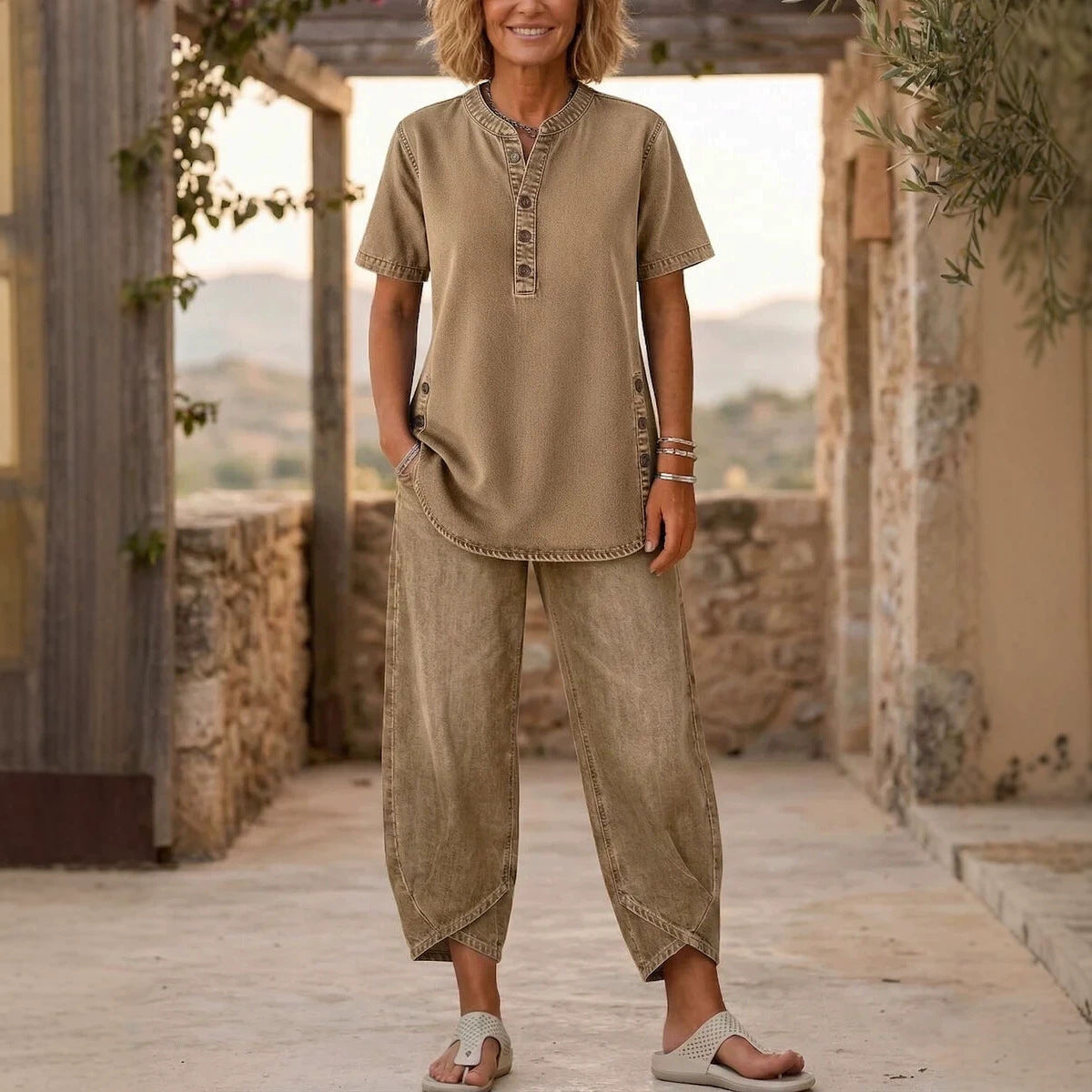 Women's Lapel Button-Up Top & Pants Two-Piece Set – Three-Quarter Sleeve FitiqueFit