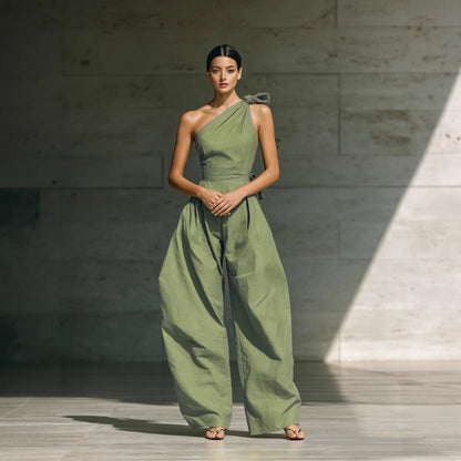 Women's Loose Sleeveless Off-Shoulder Belted Wide-Leg Jumpsuit FitiqueFit