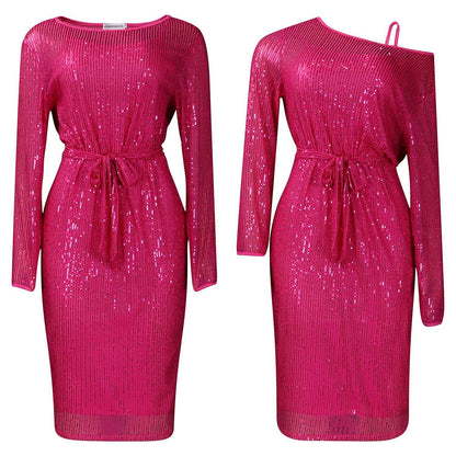 Diagonal Collar Sequined Round Neck Evening Dress Two-piece Set Grayceful LLC