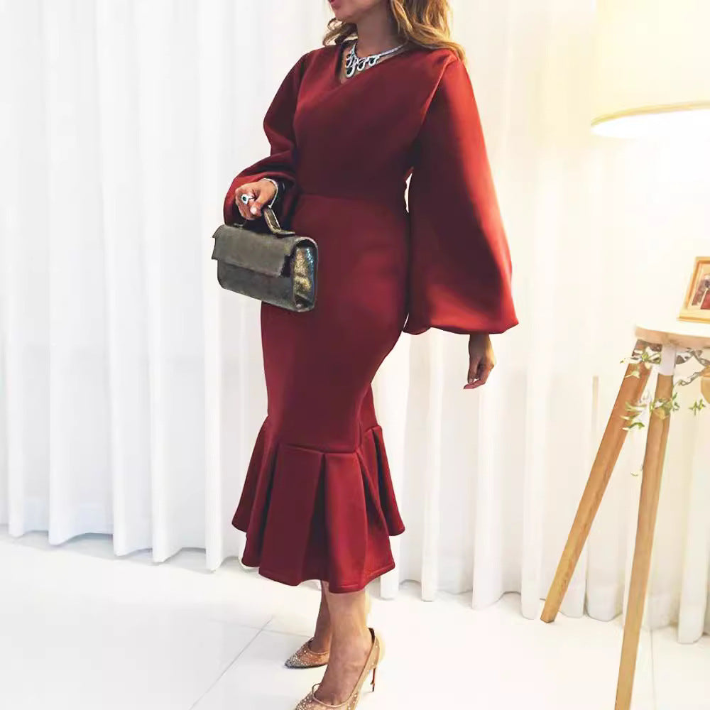 European And American Fashion Plus Size V-neck Long-sleeve Dress Grayceful LLC