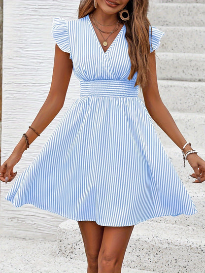Women's Mini Dress V Neck Flutter Sleeve Striped Summer Dress FitiqueFit