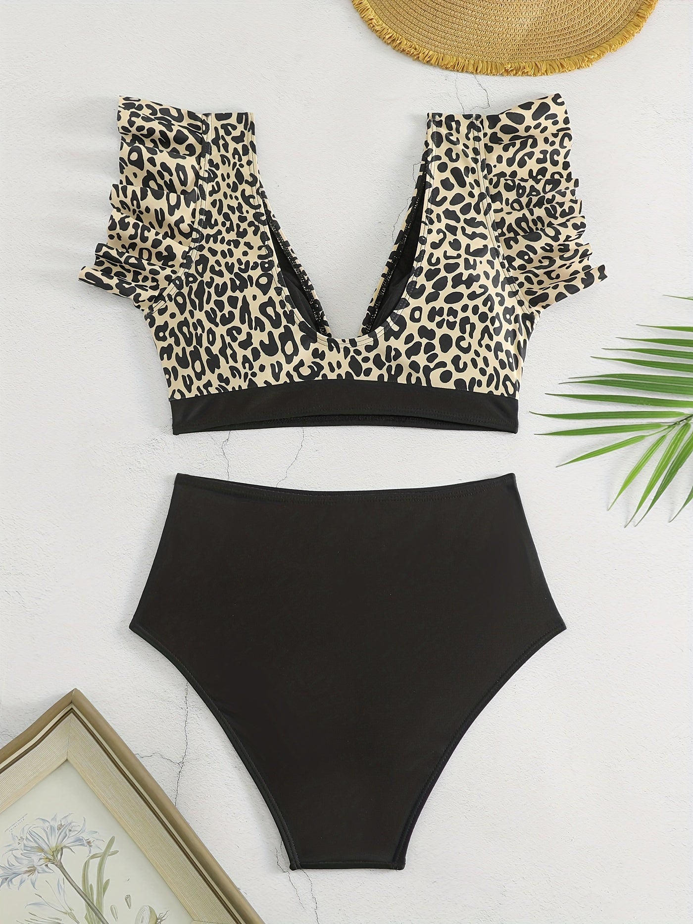 Bikini Black Solid Color Ruffle V Neck 2 Piece Swimsuit for Women – High Waisted Flattering Bikini Set with Lettuce Trim Bottoms – Sleek Stretchy Fabric Swimwear for Beach Days Poolside Style and Summer Vacation Looks Stevvex