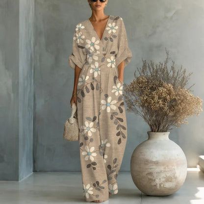 Women's Waist-Cinched V-Neck Printed Wide-Leg Jumpsuit FitiqueFit