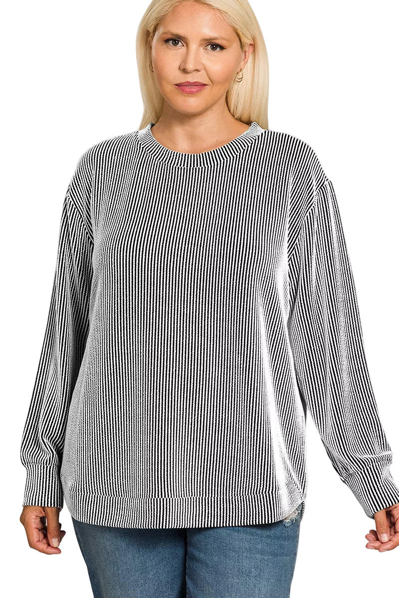 Zenana Full Size Raised Rib Round Neck Long Sleeve Top Plus Size Garden Naked Curves
