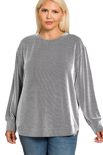 Zenana Full Size Raised Rib Round Neck Long Sleeve Top Plus Size Garden Naked Curves