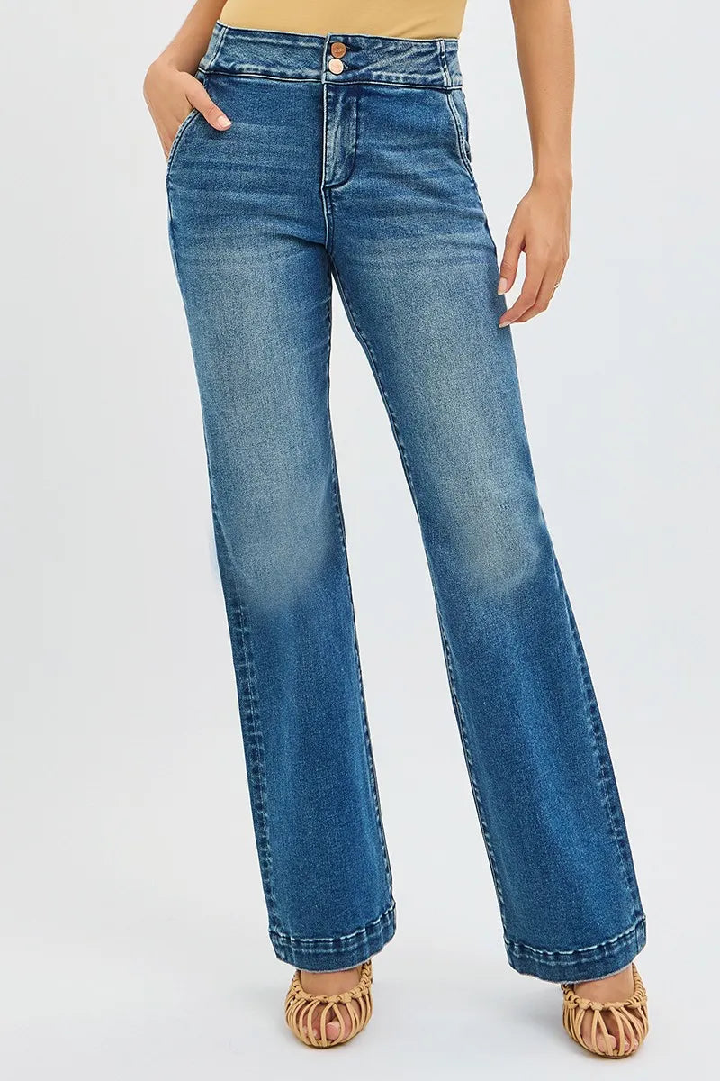 RISEN Full Size Tummy Control High Rise Bootcut Jeans with Double Button Waistband Plus Size West2East Surf