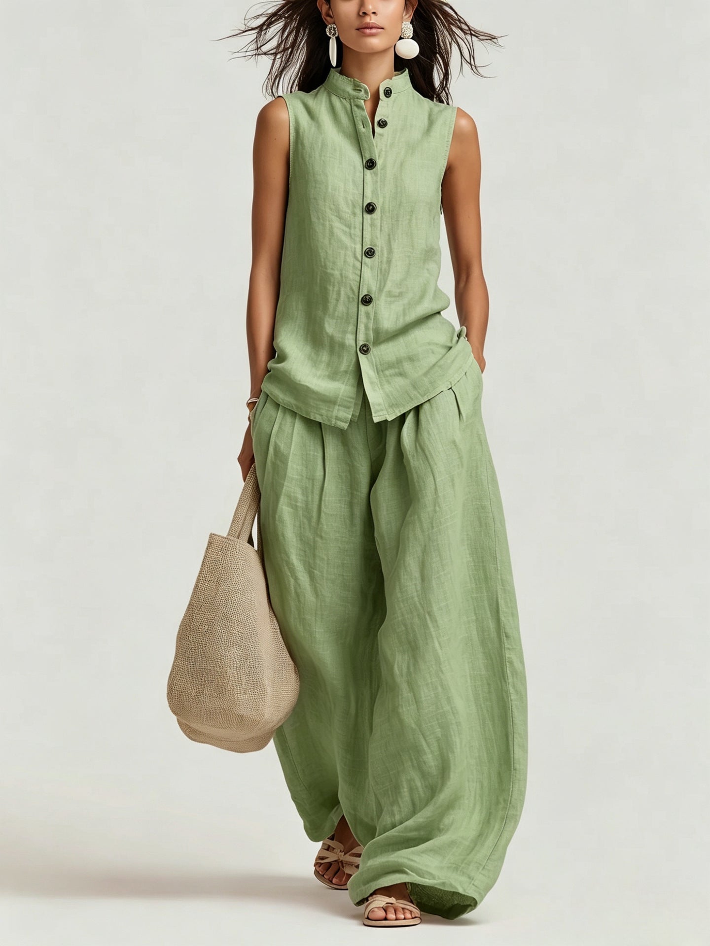 Women's Cotton-Linen Sleeveless Crewneck Vest & Pants Set FitiqueFit
