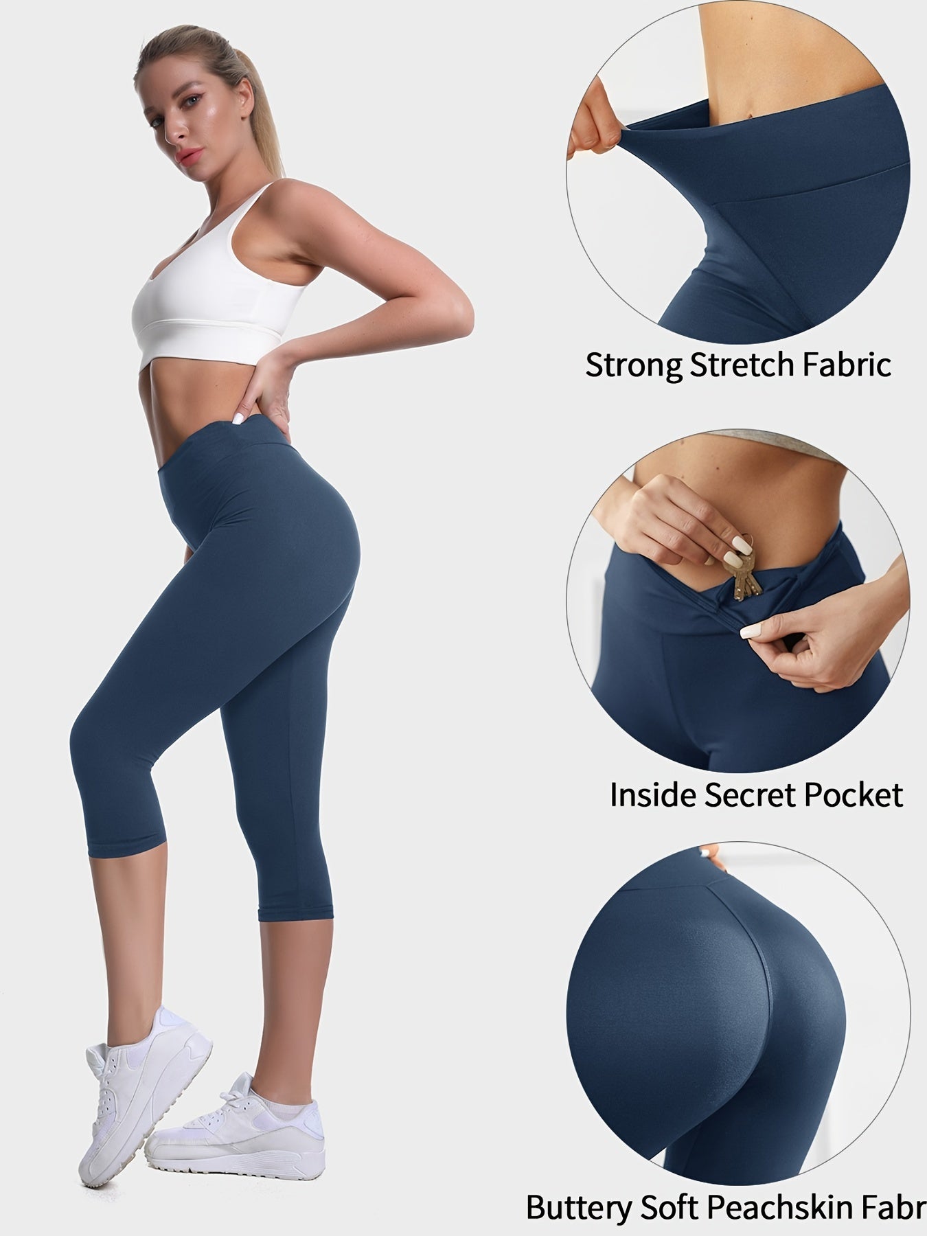 Women'S Plus Size Capri Leggings, High Waist Tummy Control, 4X Stretch, Pocket Detail, Solid Black, Knit Fabric, Polyester 92%, Spandex 8%, 210g/m², All Season Skinny Yoga Pants NovaCart