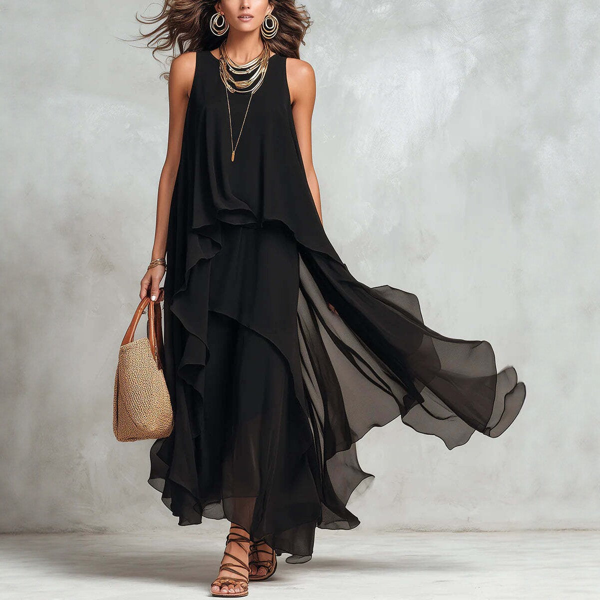 Asymmetrical Ruffle Mesh Chiffon Sleeveless Maxi Dress – Black, XS–XXL FitiqueFit