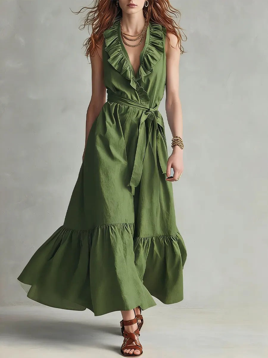Women's V-Neck Sleeveless Lace-Up Panelled Maxi Dress – Wide Flare FitiqueFit