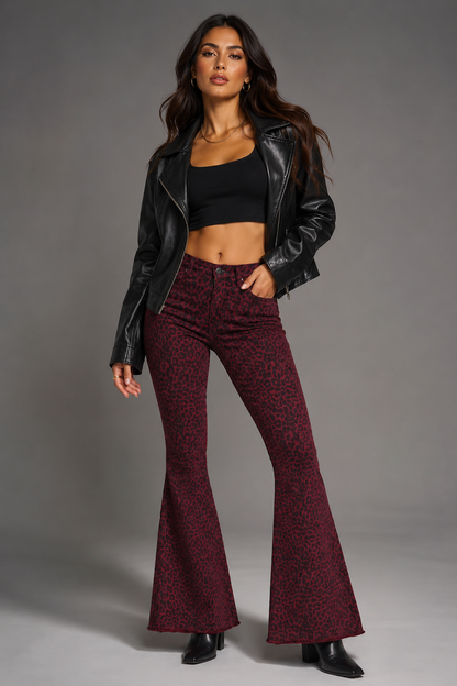 Leopard Print Bell Bottom Pant in Burgundy GJG DENIM