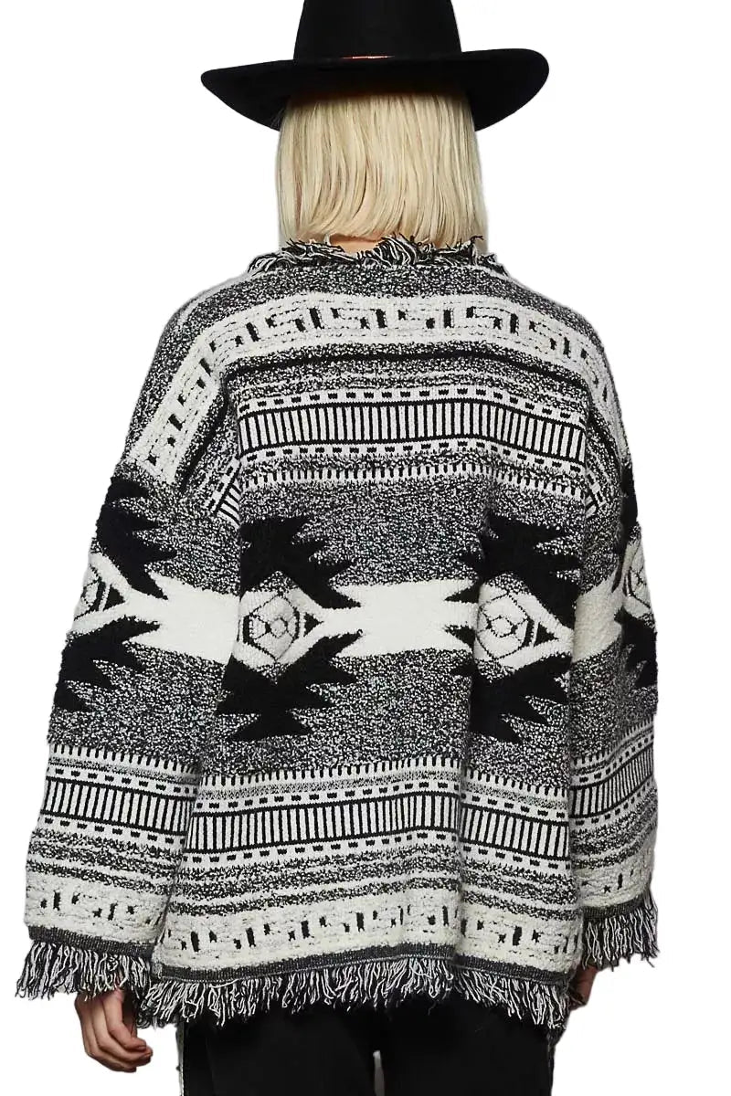 POL Open Front Geometric Print Cardigan with Fringe Detail West2East Surf