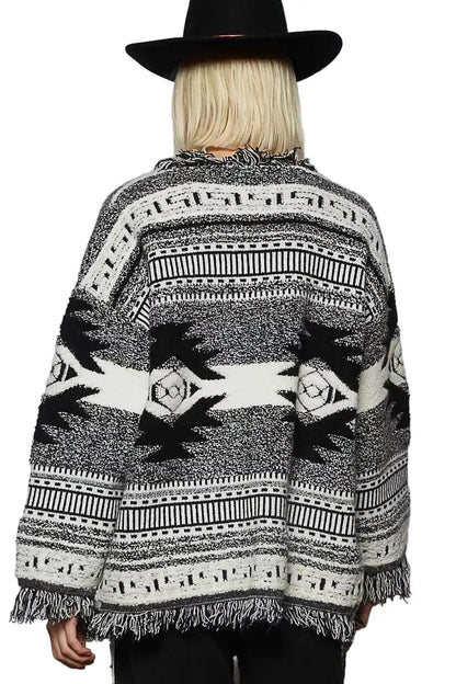 POL Open Front Geometric Print Cardigan with Fringe Detail West2East Surf