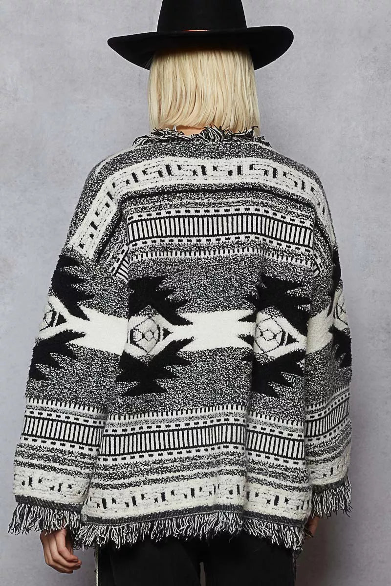 POL Open Front Geometric Print Cardigan with Fringe Detail FitiqueFit