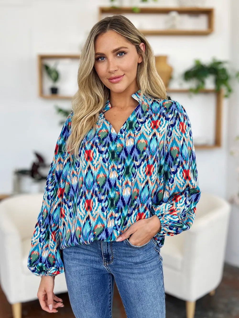 Double Take Full Size Printed Balloon Sleeve Blouse New Era Fashion LLc