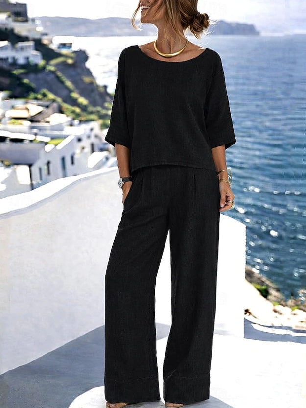 Women's Cotton Linen Resort Set – Short Sleeve Top & Wide-Leg Pants FitiqueFit