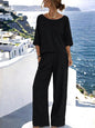 Women's Cotton Linen Resort Set – Short Sleeve Top & Wide-Leg Pants FitiqueFit