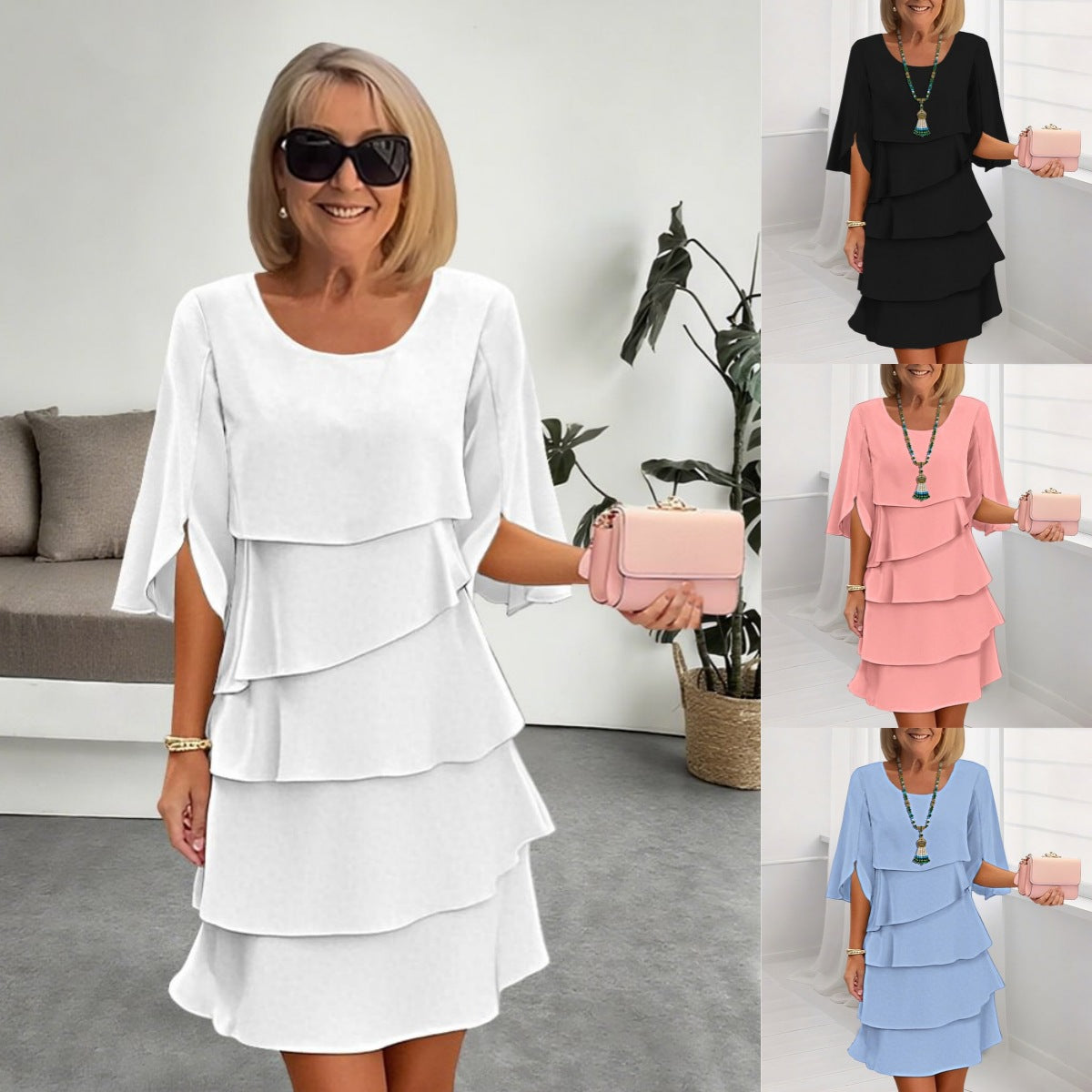 Patchwork Cake Midi Dress – Round Neck Short Sleeve Tiered Skirt FitiqueFit