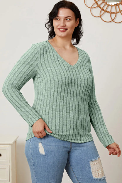 Basic Bae Full Size Ribbed V-Neck Long Sleeve T-Shirt New Era Fashion LLc