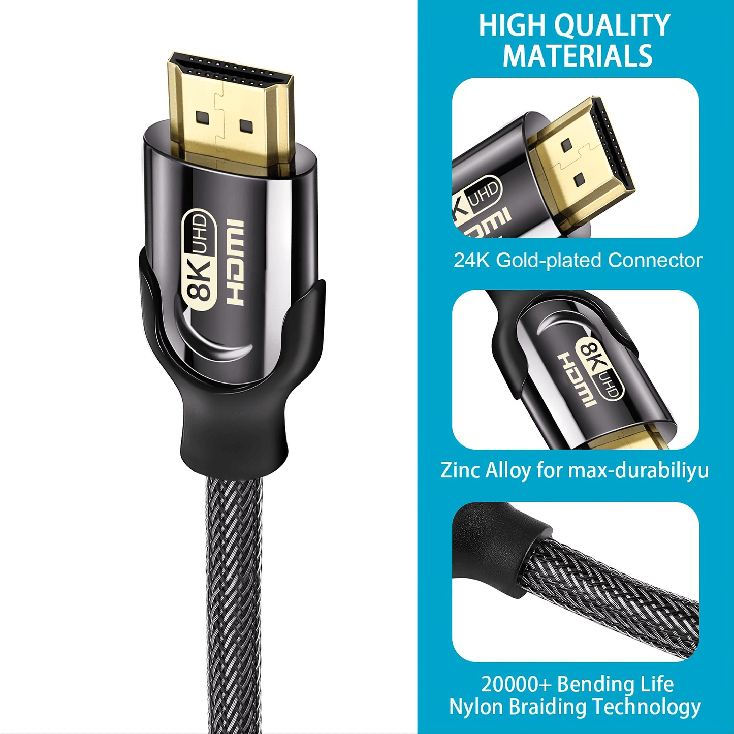 8K Ultra High Speed HDTV 2.1 Cable | Supports 8K 60Hz, 4K 120Hz, Flat Category 6a Ethernet, Male to Male Connector - I-ZCLIVE NovaCart