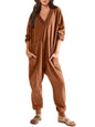 Women’s V-Neck Long Sleeve Solid Color Loose Jumpsuit With Two Side Pockets FitiqueFit