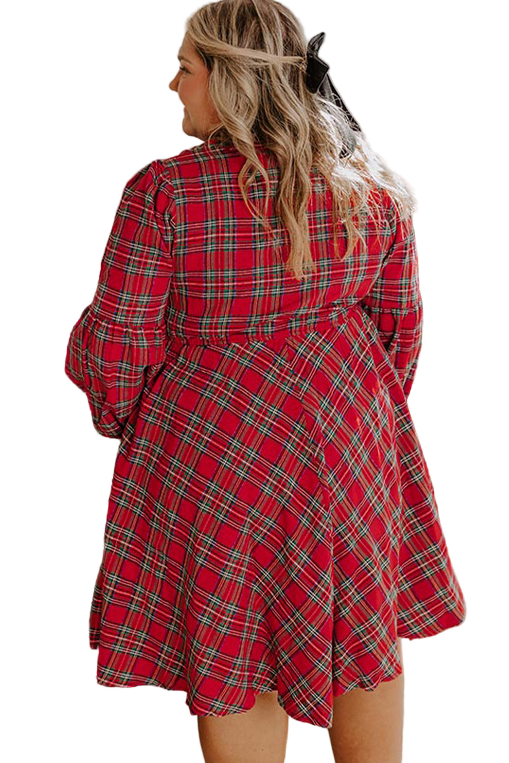 Red Plus Size Plaid Half Button Long Sleeve Holiday Dress Garden Naked Curves