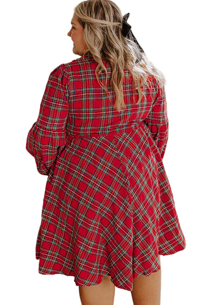 Red Plus Size Plaid Half Button Long Sleeve Holiday Dress Garden Naked Curves