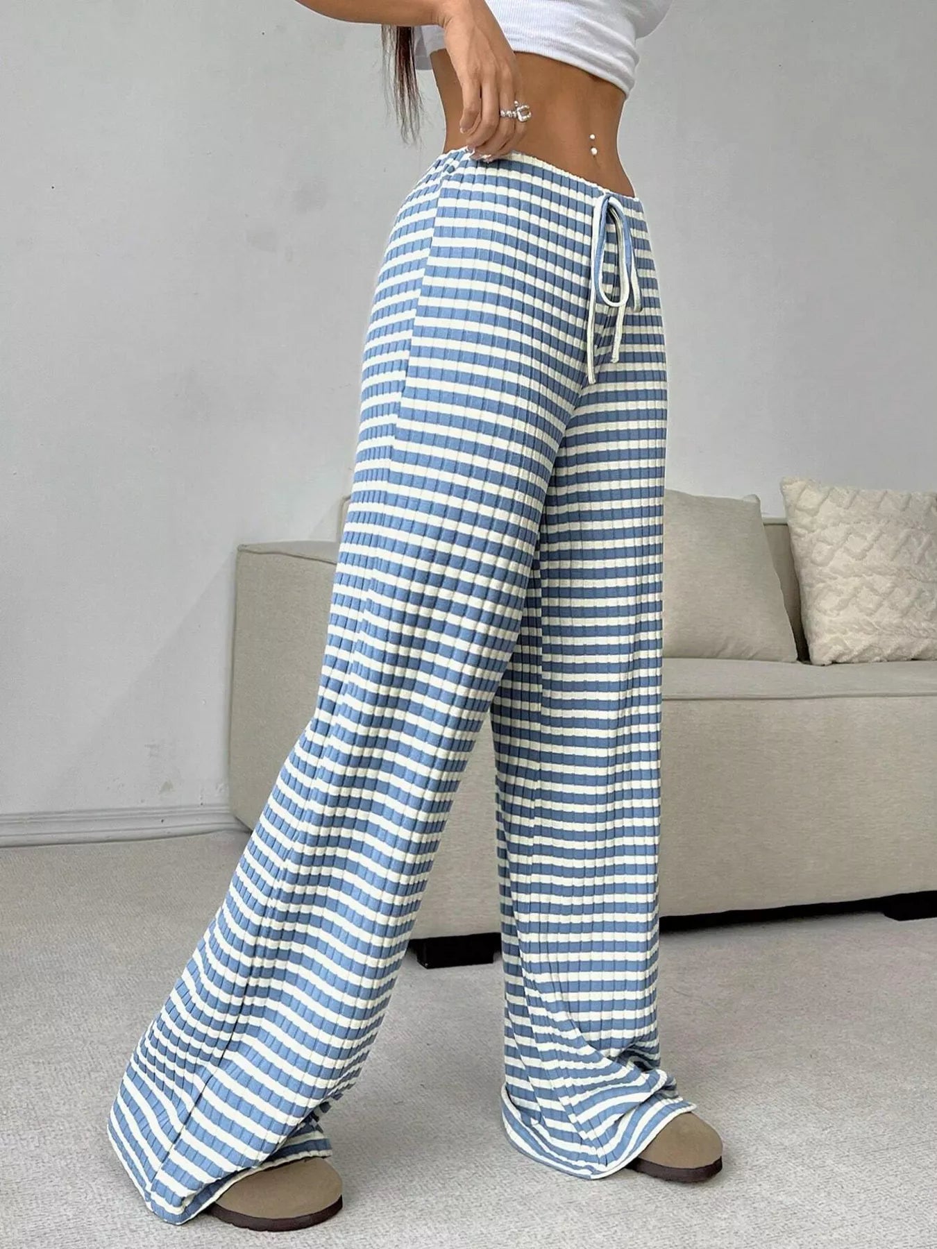 Striped Ribbed Knit Drawstring Waist Wide Leg Pants New Era Fashion LLc