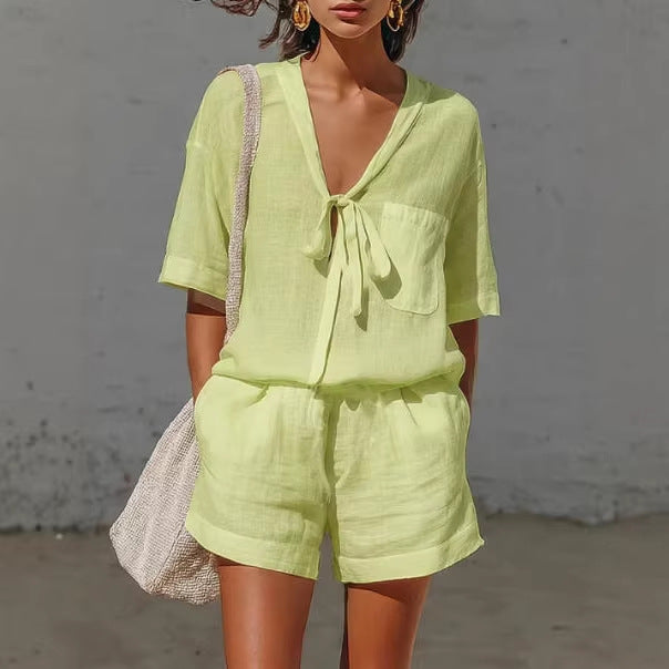 Women's Lace-Up Short-Sleeve Shirt & Loose Shorts Set – Casual Summer Co-Ord FitiqueFit