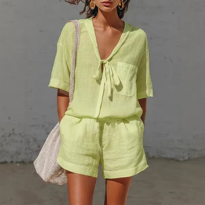Women's Lace-Up Short-Sleeve Shirt & Loose Shorts Set – Casual Summer Co-Ord FitiqueFit
