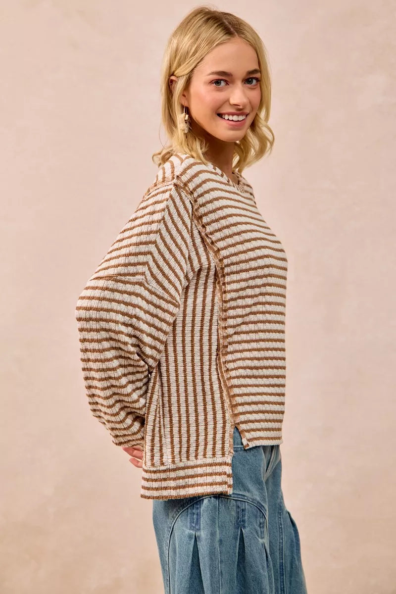 BiBi Open Seam Detail Textured Stripe Knit Top West2East Surf