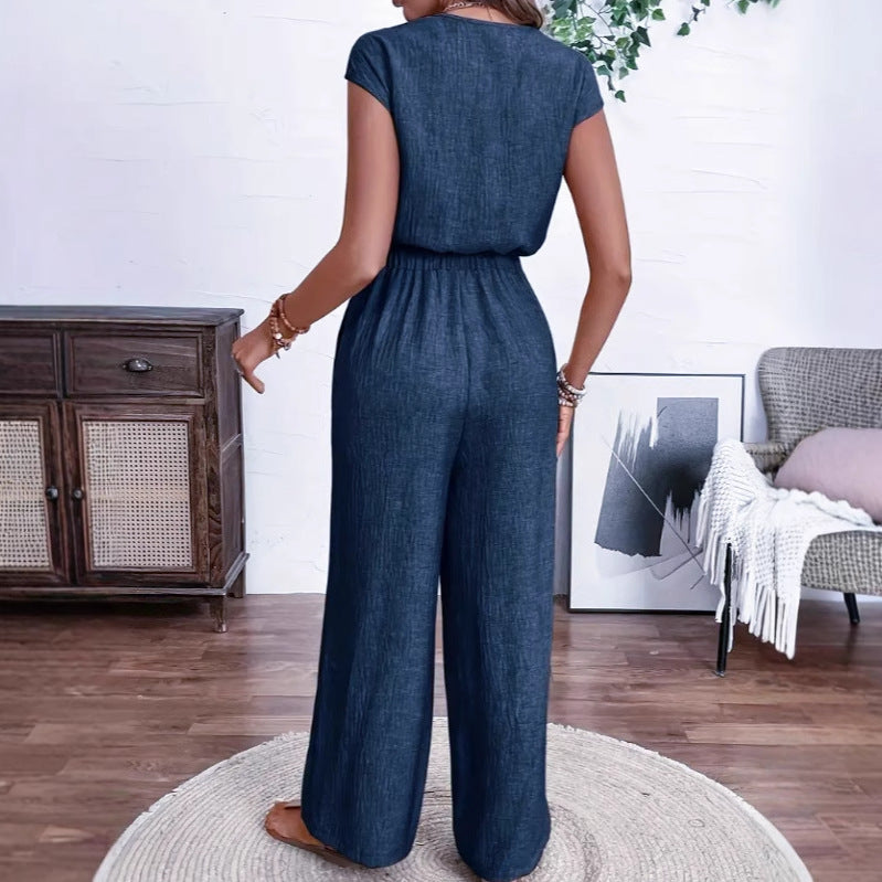 All-matching V-neck Buttons Elastic Waistband Slimming Temperament Jumpsuit Grayceful LLC