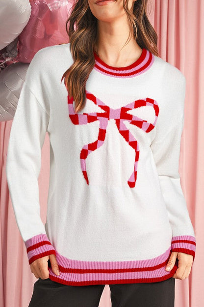 Christmas Stripe Trim Bow Crewneck Sweater Shop Style & More | Fresh Looks, Everyday Deals & Free Shipping