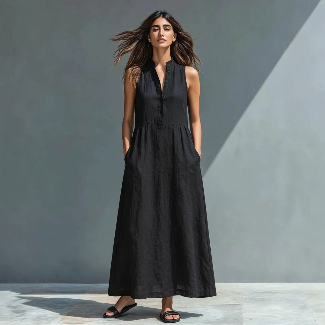 Women's Stand-Collar A-Line Maxi Dress – Resort & Vacation Style FitiqueFit