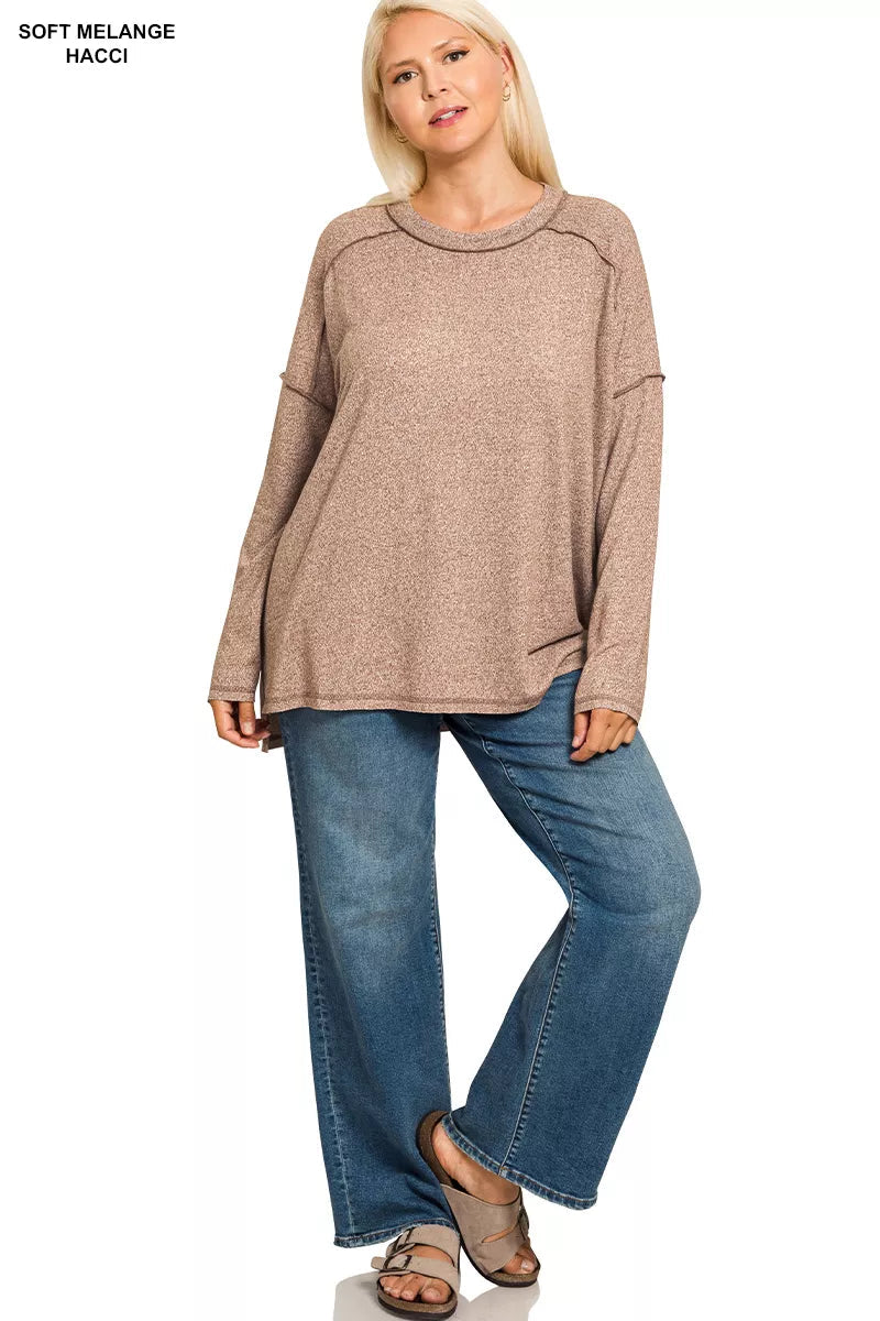 Zenana Full Size Melange Hacci Exposed Seam Hi-low Tee Plus Size Garden Naked Curves