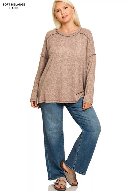 Zenana Full Size Melange Hacci Exposed Seam Hi-low Tee Plus Size Garden Naked Curves