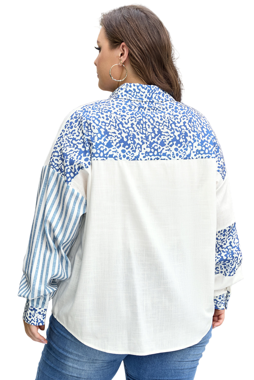 Sky Blue Leopard Striped Patchwork Casual Plus Shirt Garden Naked Curves