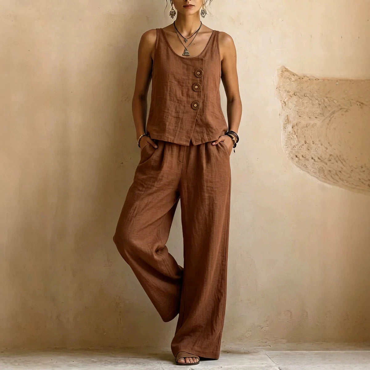 Women's Cotton Linen Sleeveless Tank Top & Pants Two-Piece Set FitiqueFit